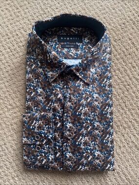 Bugatti Brown & Navy Floral Print Dress Shirt